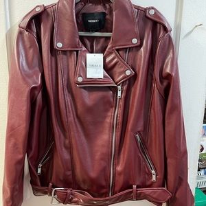 NWT Forever 21 plus, maroon colored belted “leather” jacket size 3x